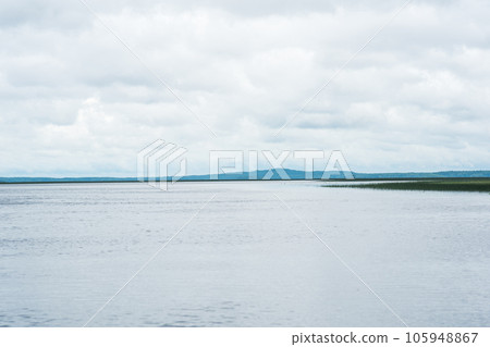 natural landscape, vast shallow lake with reed banks on a rainy day natural landscape, vast shallow lake with reed banks on a rainy day 105948867