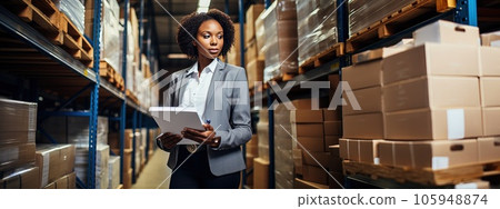 An African American woman stands in a warehouse with a papers and checks the statements for the presence of goods. An African American woman stands in a warehouse with a papers and checks the statements for the presence of goods. 105948874
