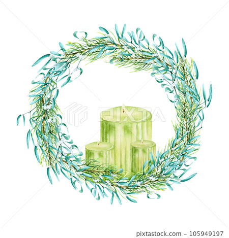 Watercolor floral wreath with geen candles. Christmas traditional wreath with mistletoe , pine tree and candles Watercolor floral wreath with geen candles. Christmas traditional wreath with mistletoe , pine tree and candles 105949197