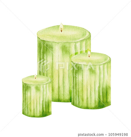 Watercolor green candles composition. Three candles different size hand drawn candles isolated Watercolor green candles composition. Three candles different size hand drawn candles isolated 105949198