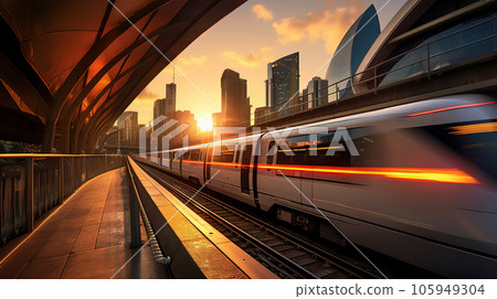 "Sleek Urban Speed: City Sunset Train Journey 105949304