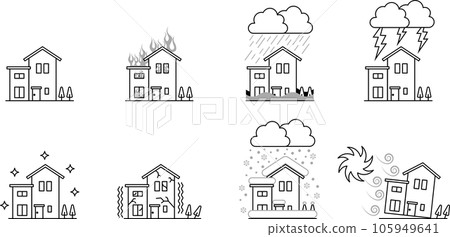 Illustration set of black and white house suffering from disaster 105949641