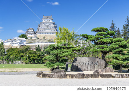 兵庫縣姬路市國寶姬路城和石銘牌在陽光明媚的天氣 105949675