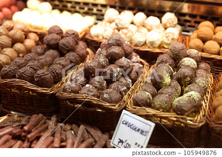 chocolate truffle balls on market counter chocolate truffle balls on market counter 105949876