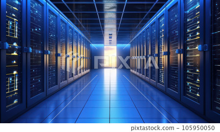 Modern Data Center room With Server Racks, Blue and Yellow neon colors, Technology Background. Modern Data Center room With Server Racks, Blue and Yellow neon colors, Technology Background. 105950050