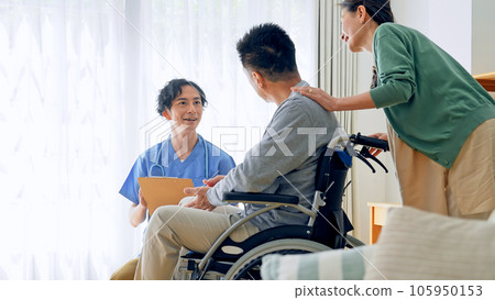 Nursing staff talking to an elderly person sitting in a wheelchair 105950153