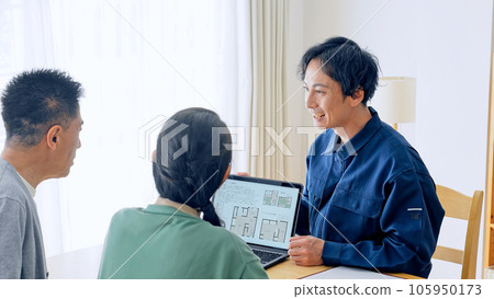 Staff explaining to senior couple Staff explaining to senior couple 105950173