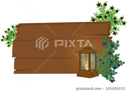 Rustic style backdrop with wooden plank, candle lamp and plants vector illustration 105950333
