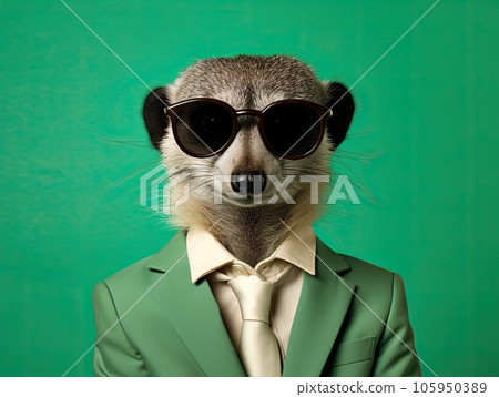 Portrait of a cute posing stylish meerkat in vibrant business suit wearing sunglasses, light green background 105950389