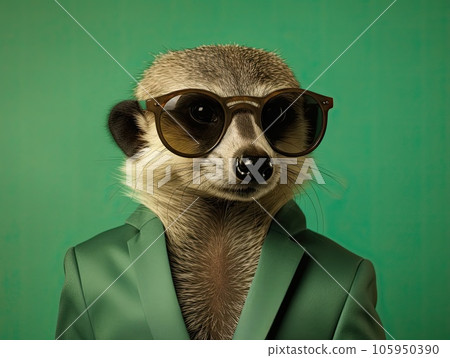 Portrait of a cute posing stylish meerkat in vibrant business suit wearing sunglasses, light green background Portrait of a cute posing stylish meerkat in vibrant business suit wearing sunglasses, light green background 105950390