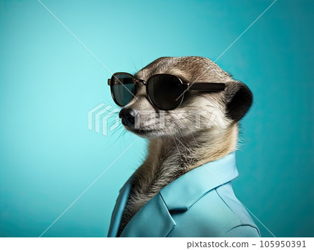 Portrait of a cute posing stylish meerkat in vibrant business suit wearing sunglasses, light blue background Portrait of a cute posing stylish meerkat in vibrant business suit wearing sunglasses, light blue background 105950391