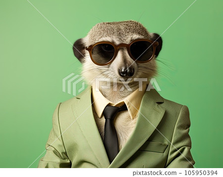 Portrait of a cute posing stylish meerkat in vibrant business suit wearing sunglasses, light green background Portrait of a cute posing stylish meerkat in vibrant business suit wearing sunglasses, light green background 105950394