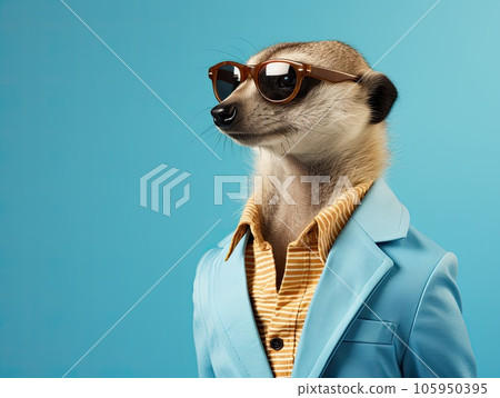 Portrait of a cute posing stylish meerkat in vibrant business suit wearing sunglasses, light blue background 105950395