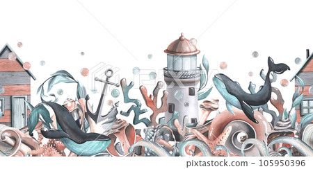 Whales with algae, seashells, starfishes, corals, algae, anchor, waves, lighthouse and beach cabin, and bubbles. Watercolor illustration hand drawn. Seamles border on a white background 105950396