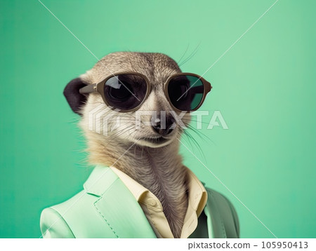 Portrait of a cute posing stylish meerkat in vibrant business suit wearing sunglasses, light green background 105950413