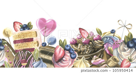 Cakes with brownies, donuts, marshmallows, lollipops, strawberries and blueberries. Watercolor illustration hand drawn. Seamless border on a white background. 105950414