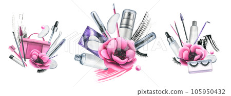 Cosmetic bag with creams, brushes and makeup products pink with flowers. Watercolor illustration, hand drawn, for a beauty salon, cosmetics manufacturers. Set of solated compositions on a white. Cosmetic bag with creams, brushes and makeup products pink with flowers. Watercolor illustration, hand drawn, for a beauty salon, cosmetics manufacturers. Set of solated compositions on a white. 105950432