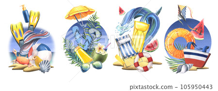Set of summer illustrations, watercolor hand drawn with beach chairs, umbrellas, inflatable toys, palm branches, fruits and snorkeling equipment. Isolated objects on a white background. 105950443