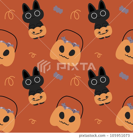 Halloween party pattern with black cat pumpkin candy 105951073