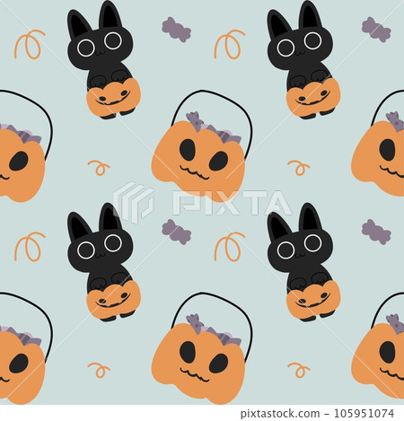 Halloween party pattern with black cat pumpkin candy 105951074