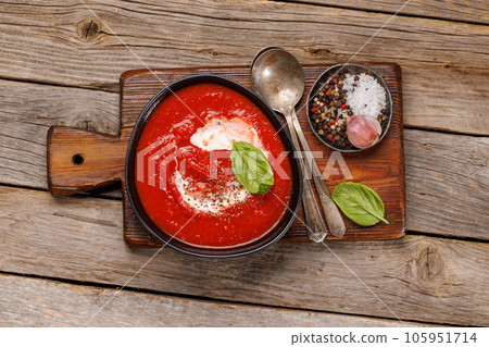 Refreshing homemade cold tomato gazpacho soup Refreshing homemade cold tomato gazpacho soup 105951714