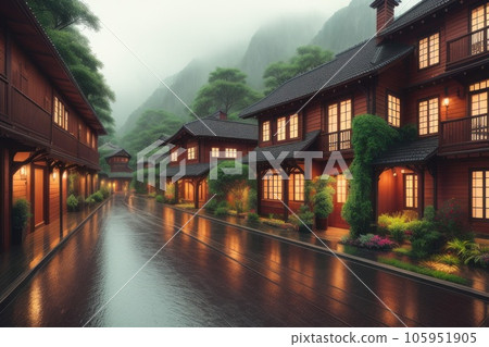 Empty streets and roads with no traffic during rainy days in asian city. Generative AI 105951905