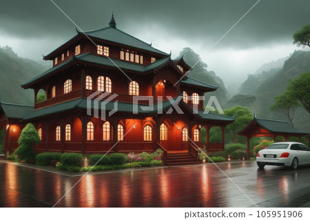 Empty streets and roads with no traffic during rainy days in asian city. Generative AI 105951906