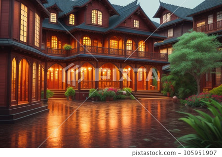 Empty streets and roads with no traffic during rainy days in asian city. Generative AI 105951907