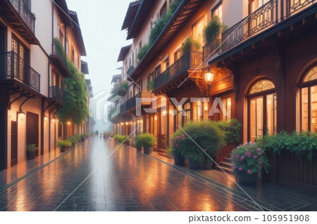 Empty streets and roads with no traffic during rainy days in asian city. Generative AI 105951908