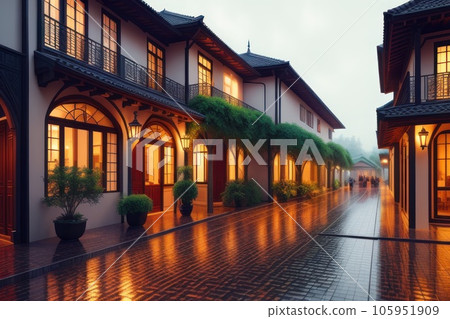 Empty streets and roads with no traffic during rainy days in asian city. Generative AI 105951909