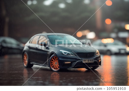 Empty streets and roads with no traffic during rainy days in asian city. Modern car in foreground. Generative AI 105951910