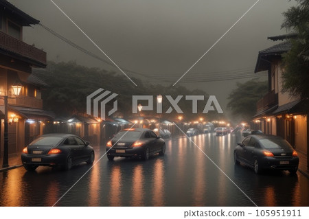 Empty streets and roads with no traffic during rainy days in asian city. Modern car in foreground. Generative AI 105951911