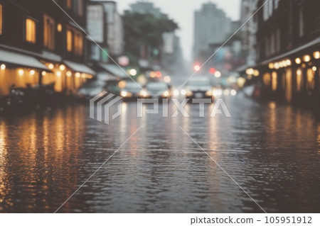 Empty streets and roads with no traffic during rainy days in asian city. Modern car in foreground. Generative AI 105951912