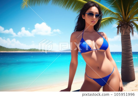 Beach woman happy on travel vacation holidays in bikini and sunglasses near sea tropical resort. Young attractive girl model walking at beach with palm trees, white sand and blue water. Generative AI 105951996