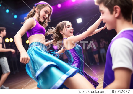 The kids at dance school. Ballet, hiphop, street, funky and modern dancers over studio background. Children showing aerobic element. Dance competition. Sport, fitness, lifestyle concept. Generative AI 105952027