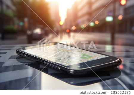 An electronic device with GPS technology, pins, and a touchscreen display sits on a pavement surrounded on urban street. Smartphone is a modern gadget that facilitates navigation. AI Generative. 105952185