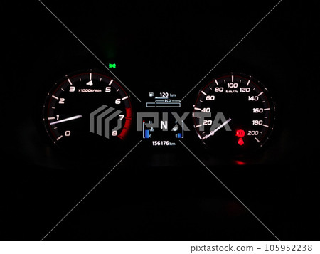 Instrument panel display in a car that indicates the current speed of the vehicle in kilometers per hour or kmh or miles per hour or mph. Instrument panel display in a car that indicates the current speed of the vehicle in kilometers per hour or kmh or miles per hour or mph. 105952238