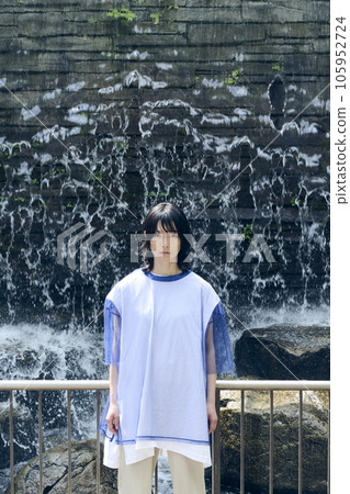 Summer, Park, Fountain, Woman in Wolf Cut 105952724