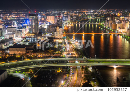 "Niigata Prefecture" Night view of Niigata city center and Shinano River "Niigata Prefecture" Night view of Niigata city center and Shinano River 105952857