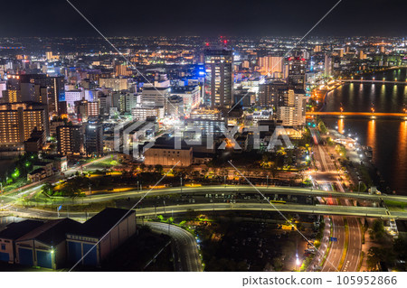 "Niigata Prefecture" Night view of Niigata city center and Shinano River "Niigata Prefecture" Night view of Niigata city center and Shinano River 105952866