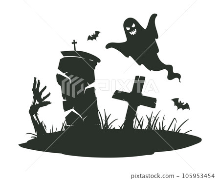 Cartoon grave with zombie hand and ghost. Halloween monster zombie scrawny hand sticking out from gravestone silhouette flat vector illustration. Creepy Halloween poster 105953454