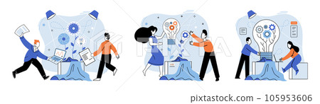 Team solving problems. Effective business solution strategy and complex task cooperation as successful performance process Teams solving problems brainstorming ideas, using technology to analyze data 105953606