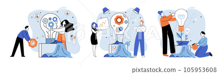 Team solving problems. FAQ question and answer, solution to solve problem, business advice or help and support service Building working system of cogwheels Work under brilliant idea, brainstorming 105953608