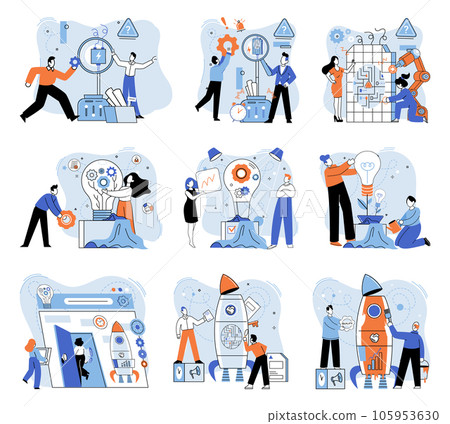 Team solving problems. Problems research and discover new idea, creativity to answer questions Collaboration work together to solve problem, teamwork unite together to achieve success Gears and 105953630