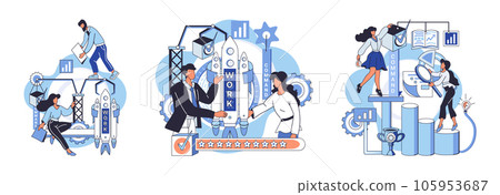Team solving complex problems. Teamwork vector illustration metaphor. Leadership meeting, supervision idea, hiring, coaching team, management time, development solutions work, teamwork and delegation 105953687