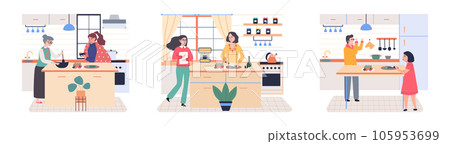 People cooking vegetarian food. Vector illustration. Set of characters cooking meal home. Woman preparing food for dinner. People cooking. Wife preparing healthy alternative from vegetarian nutrition 105953699