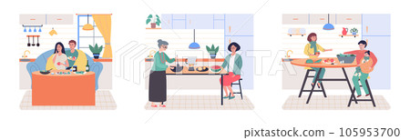 People cooking vegetarian food. Vector illustration. Man and woman with children preparing food for dinner. People cooking. Husband and wife are preparing together. Man and woman in the kitchen 105953700