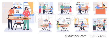 People cooking vegetarian food. Vector illustration. Set of characters cooking meal home. Woman preparing food for dinner. People cooking. Wife preparing healthy alternative from vegetarian nutrition People cooking vegetarian food. Vector illustration. Set of characters cooking meal home. Woman preparing food for dinner. People cooking. Wife preparing healthy alternative from vegetarian nutrition 105953702