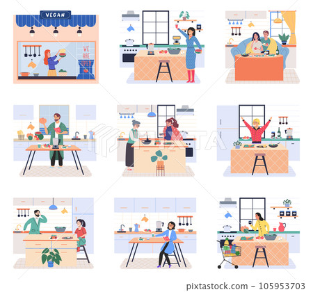 People cooking vegetarian food. Vector illustration. People cooking at home, happy couple kitchen. Home cooking room with wooden dining table. Home kitchen cooking, Man and woman preparation breakfast 105953703
