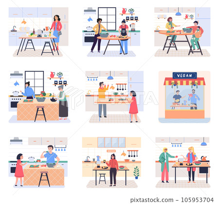 People cooking vegetarian food. Vector illustration. Chef cooks preparing food cook hands on the kitchen table. Set with people who cook and utensils. Food and cooking banner. Cooking vegatable People cooking vegetarian food. Vector illustration. Chef cooks preparing food cook hands on the kitchen table. Set with people who cook and utensils. Food and cooking banner. Cooking vegatable 105953704